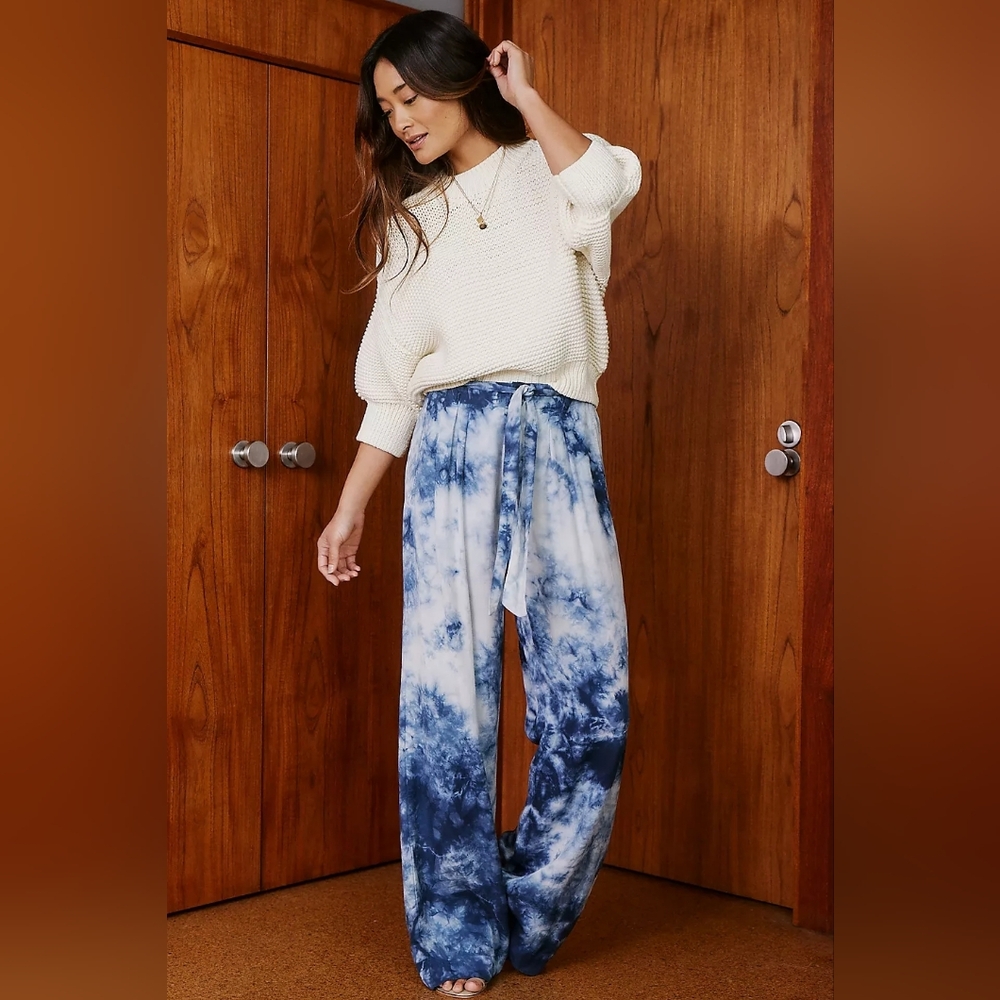 Anthropologie Cloth & Stone Venice Wide Leg Pants Blue Tie Dye Belt Size L Boho
